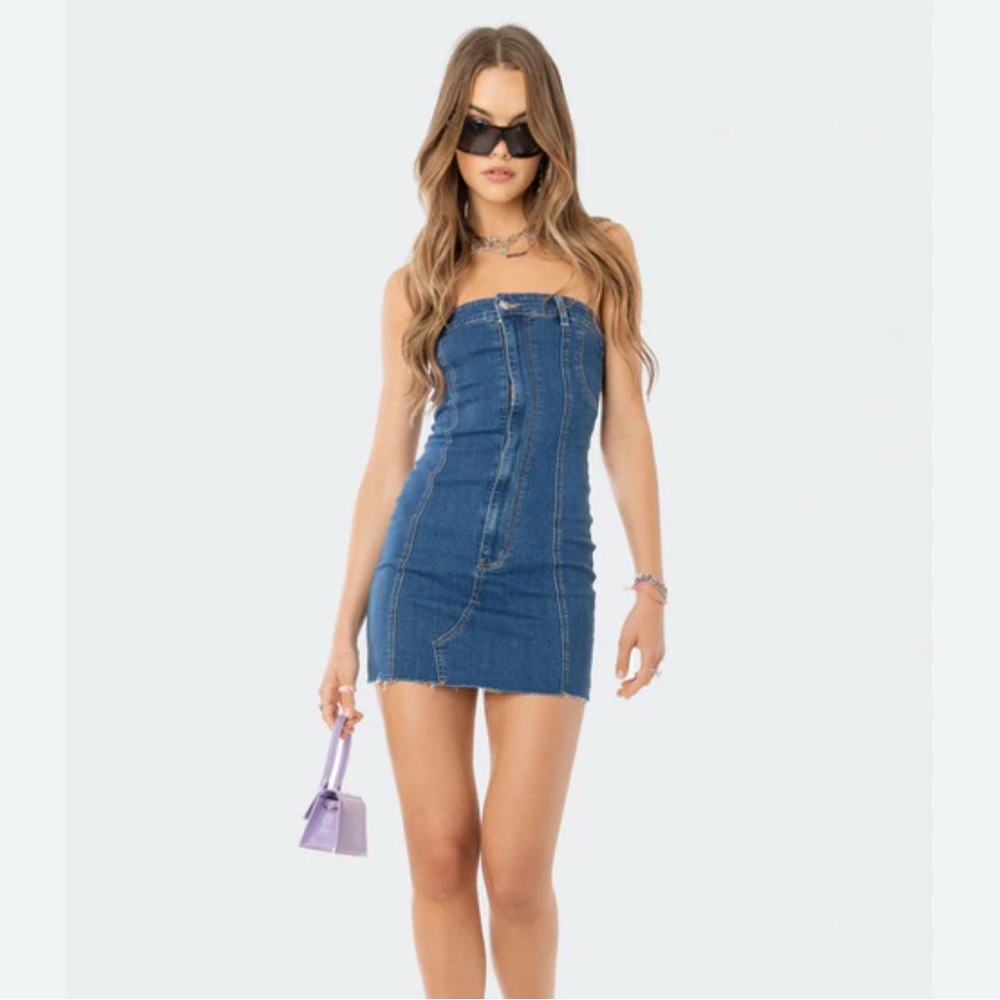 Edikted Blue Strapless Jean Denim Mini Dress Small